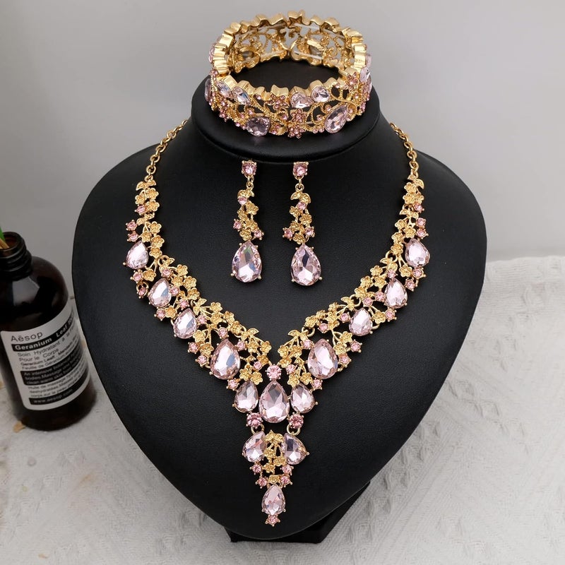 CSY Elegant Crystal Costume Jewelry Sets Flower Bridal Necklace Earrings Stretch Bangle Set for Bride Bridesmaid Wedding Dress Accessories - Image 3